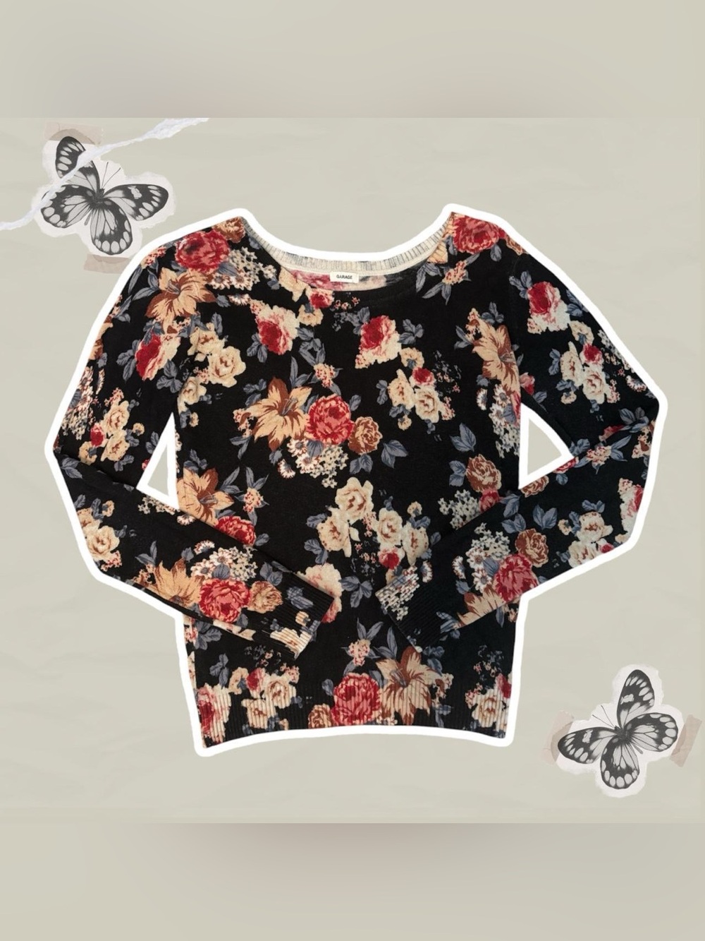 Garage Women’s Size XS Black Red & Cream Floral Crewneck Sweater